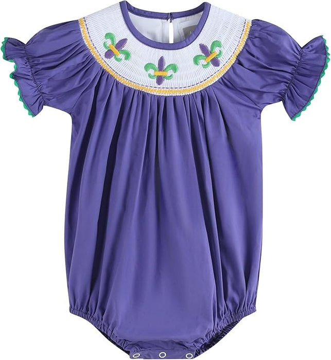 Lil Cactus Purple Mardi Gras Smocked Romper