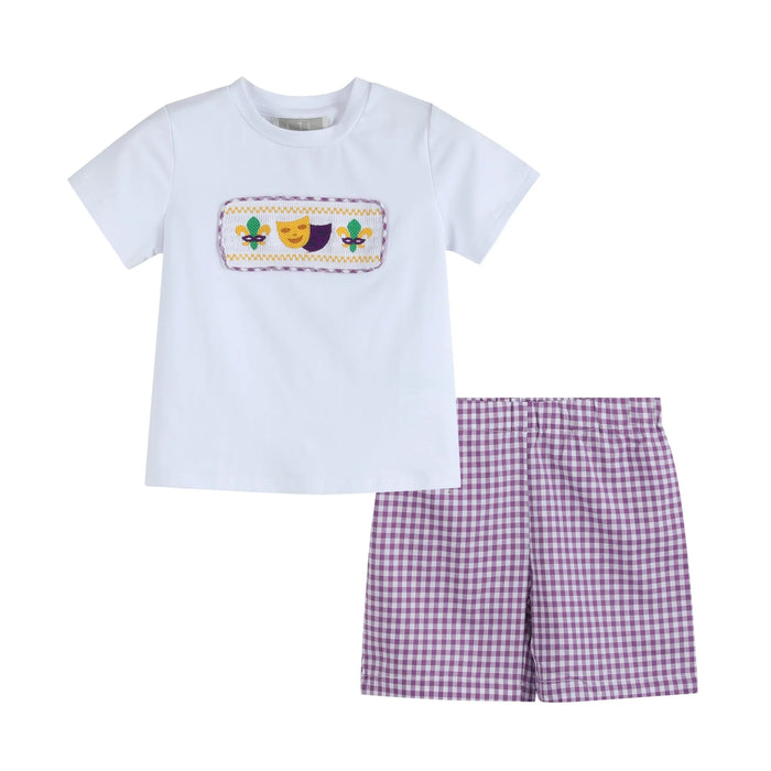 Lil Cactus Mardi Gras Smocked Tee and Purple Gingham Shorts Set